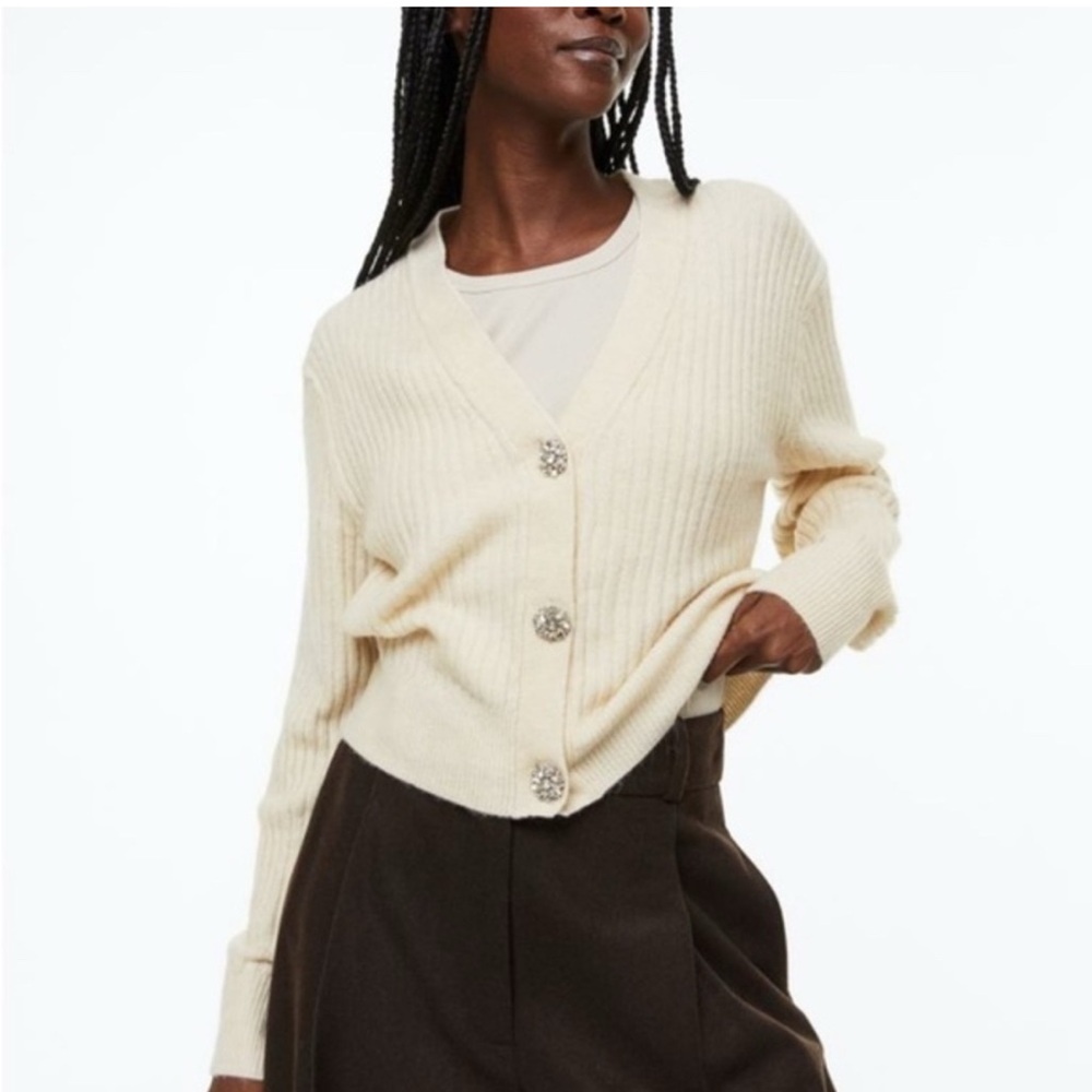 H&M Cream Cardigan Sweater with Ribbed Knit
